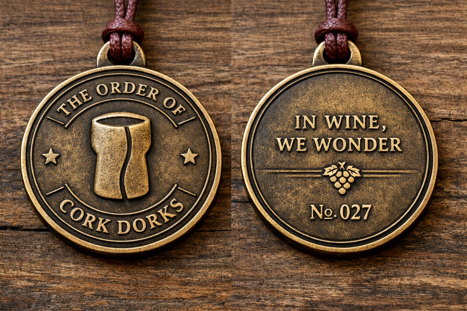 The front and back of the Order of Cork Dorks medallion.