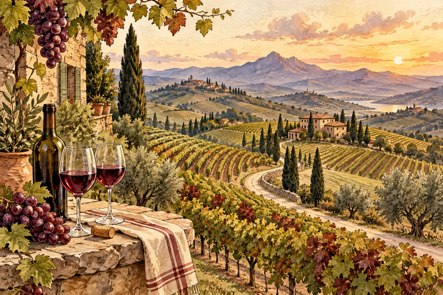 Watercolor illustration of vineyard hills and a winding path into wine country.